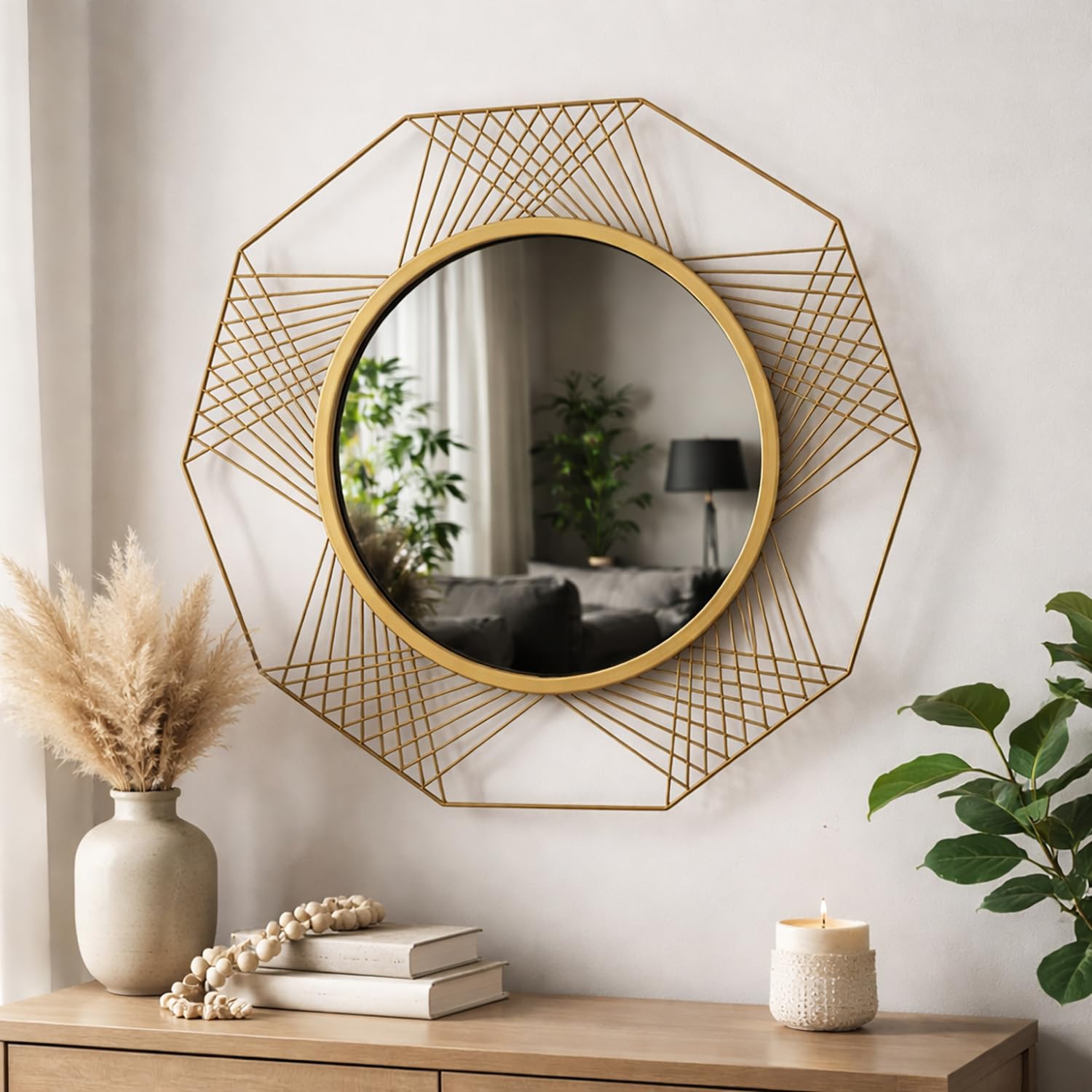 Wakefit Decorative Round Wall Mirror - 25 Inch | Metal Frame Wall Mirror for Living Room Bedroom Entryway Dressing Room Modern Home Decor & Gifting | Undeca Gold - 24.4x24.4x2 Inch-image-48