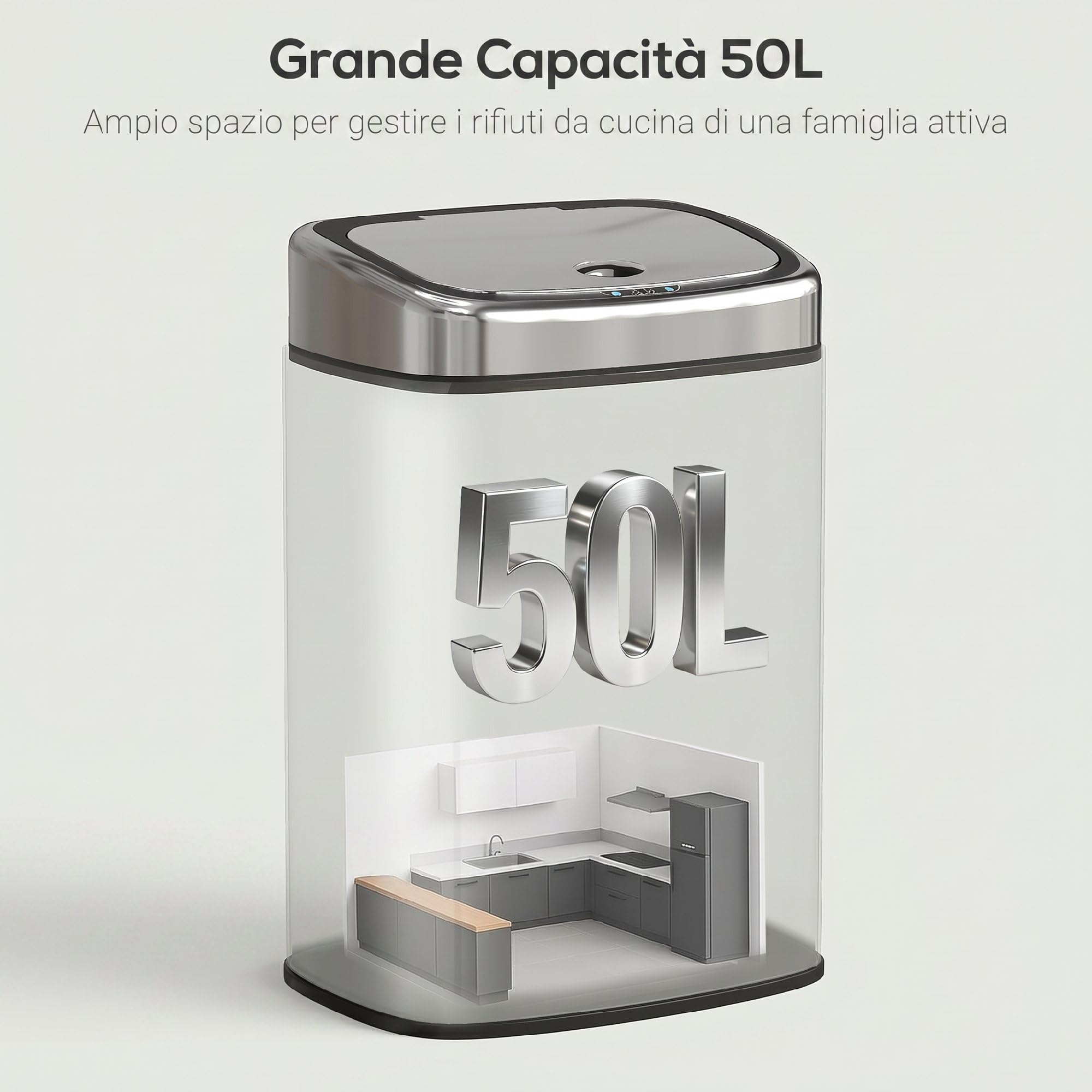 HOMCOM Pattumiera con Sensore a Infrarossi da 50L Acciaio Inox Argento | Cestino Automatico, 2 Modalità di Apertura, Superficie Anti-Impronte