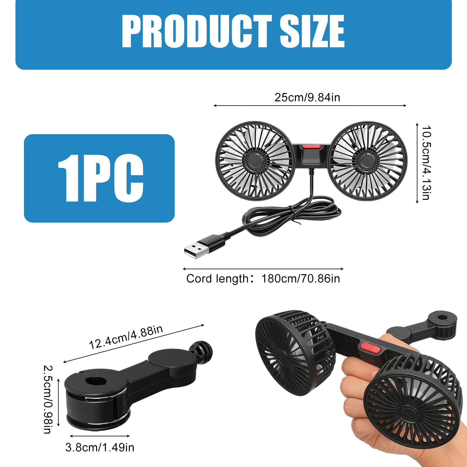 Ventilateur de siège arrière de voiture rotatif à 360 °, ventilateur de voiture USB, 3 vitesses réglables, puissant et silencieux, mini ventilateur pour la maison, le bureau, 12 V, camion, caravane