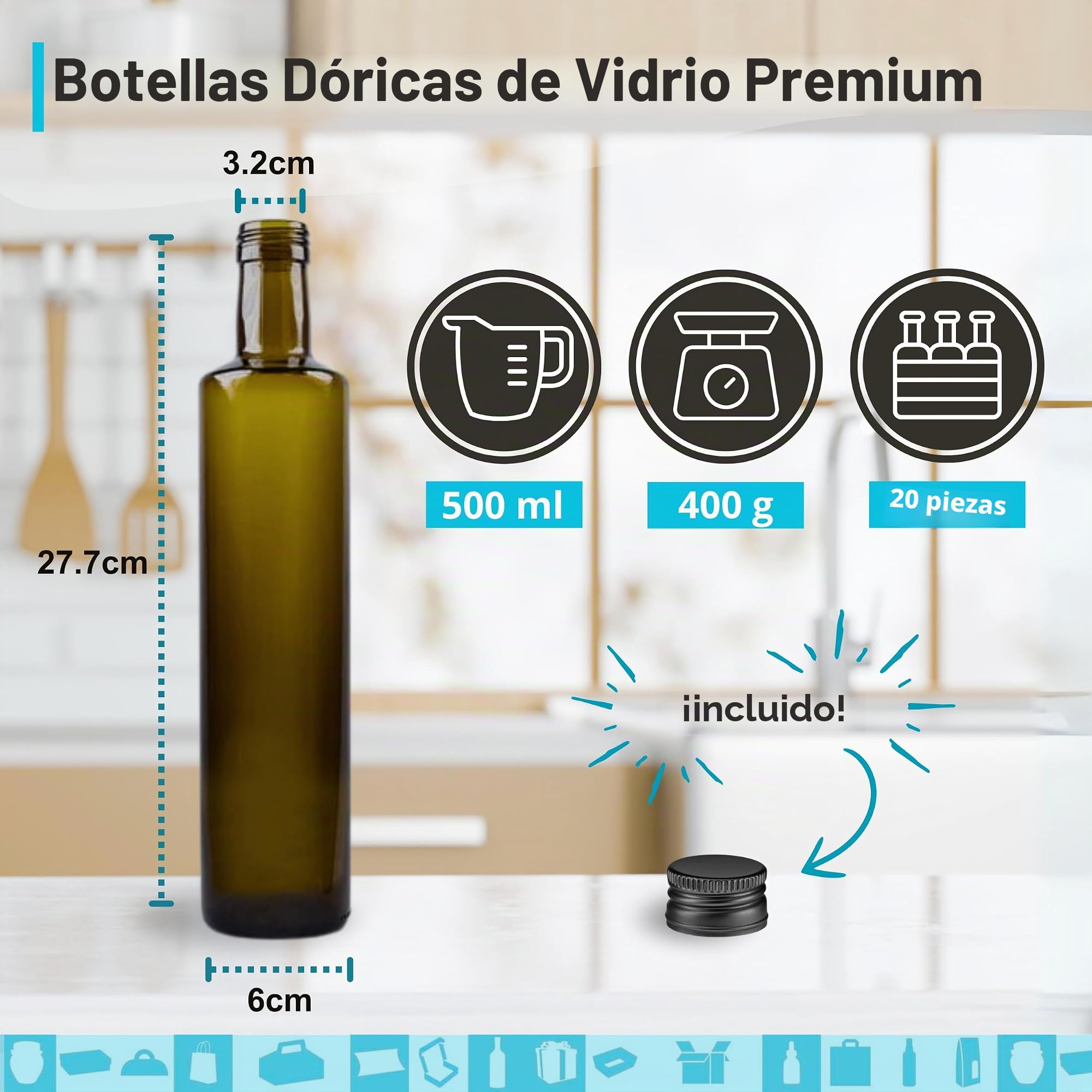 Espirito Rebelde 20 botellas de vidrio oscuro, 500 ml, con tapa de rosca negra | Protección UV | ideal para aceite de oliva, vinagre | Botella de aceite