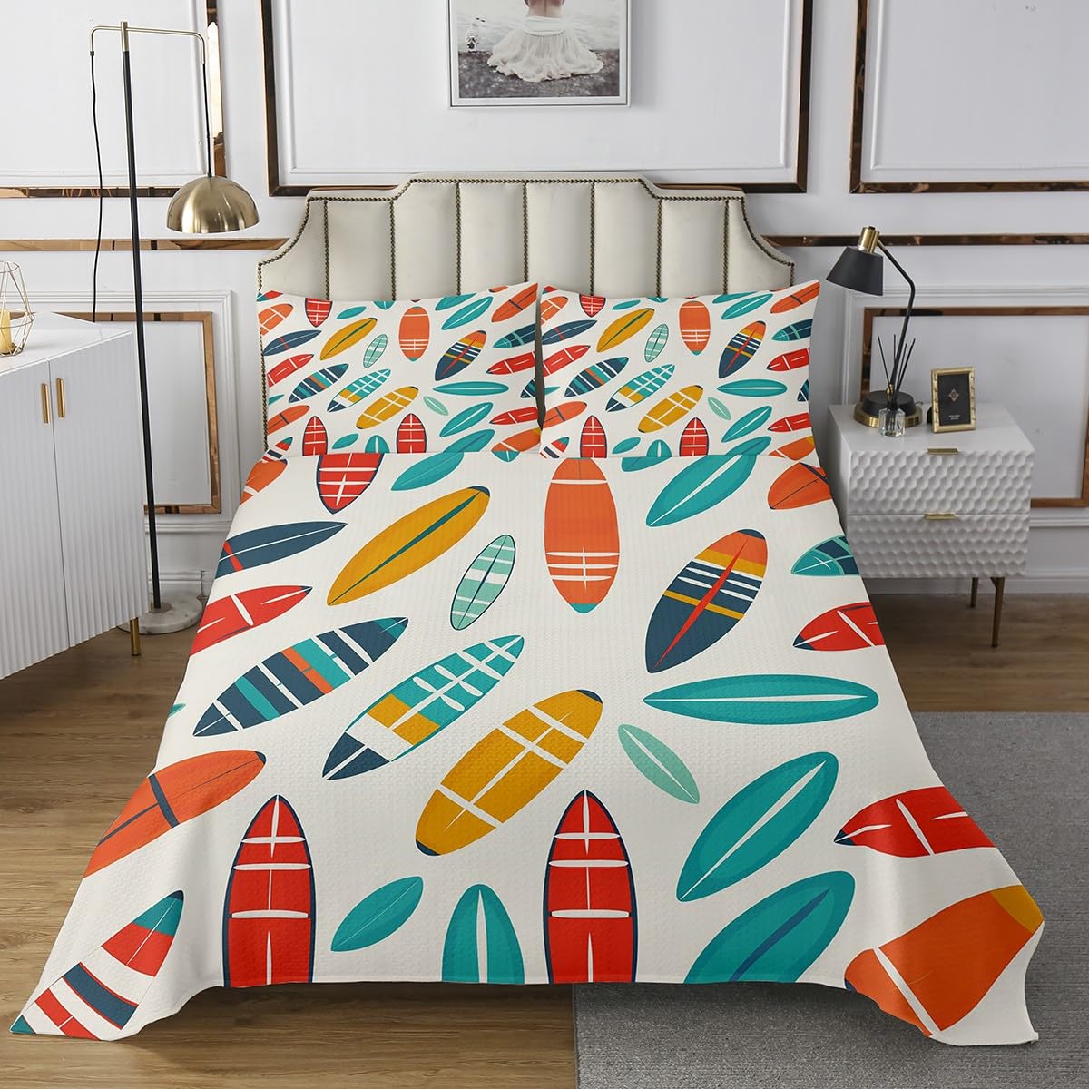 Erosebridal Surfboard Twin Quilt,Surfer Surf Bedding Set,Coastal Beach Themed Quilts Bed Set for Kids Boys Girls,Summer Hawaiian Surfing Bedspread Bedroom Decor with 1 Pillowsham