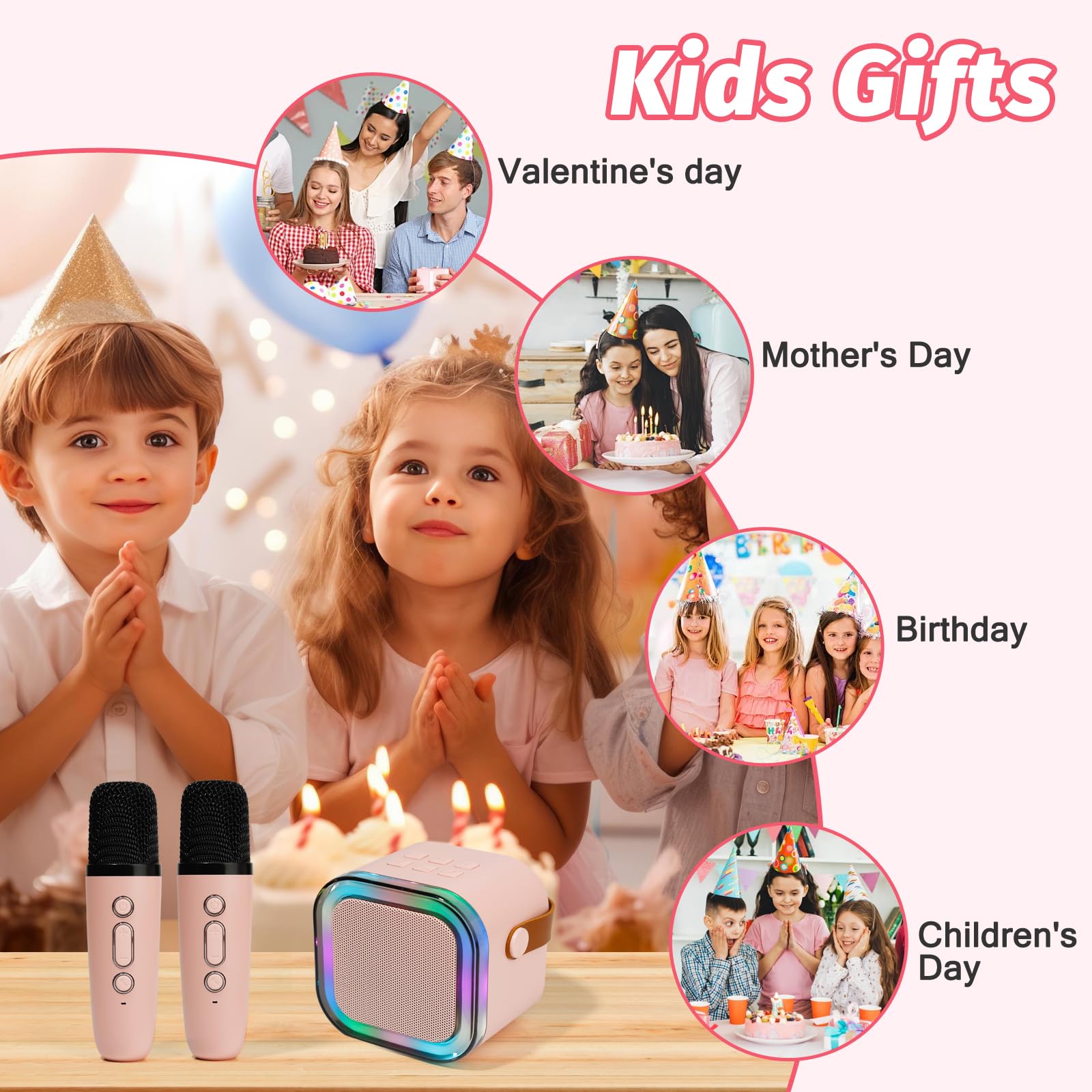 Mini máquina de Karaoke con 2 micrófonos inalámbricos, Luces LED, Efectos de Voz, Altavoz portátil para niños de 3, 4, 5, 6, 7, 8, 9, 10, 11, 12 años o más, Regalo de cumpleaños para niñas de (Pink) — view 4