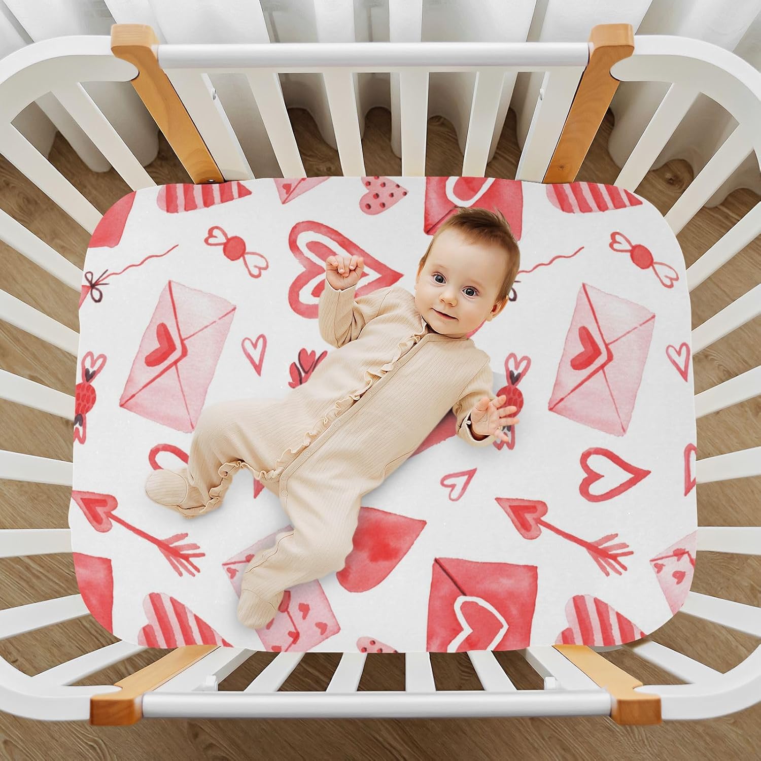 Moudou Valentine's Day Love Heart Crib Sheet for Boy Girls, Soft Breathable Fitted Toddler Sheet for Standard Crib Bed Mattress, 52 x 28 x 9 Inch