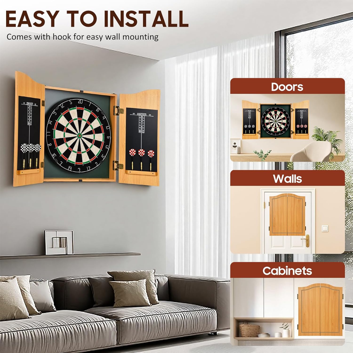 Advwin 18" Dartboard, Dartboard Cabinet Set with Chalk Scoreboard & Eraser, Storage Cabinet, Includes 6 Steel-Tip Darts, Wall/Door Mountable, Gift-Ready