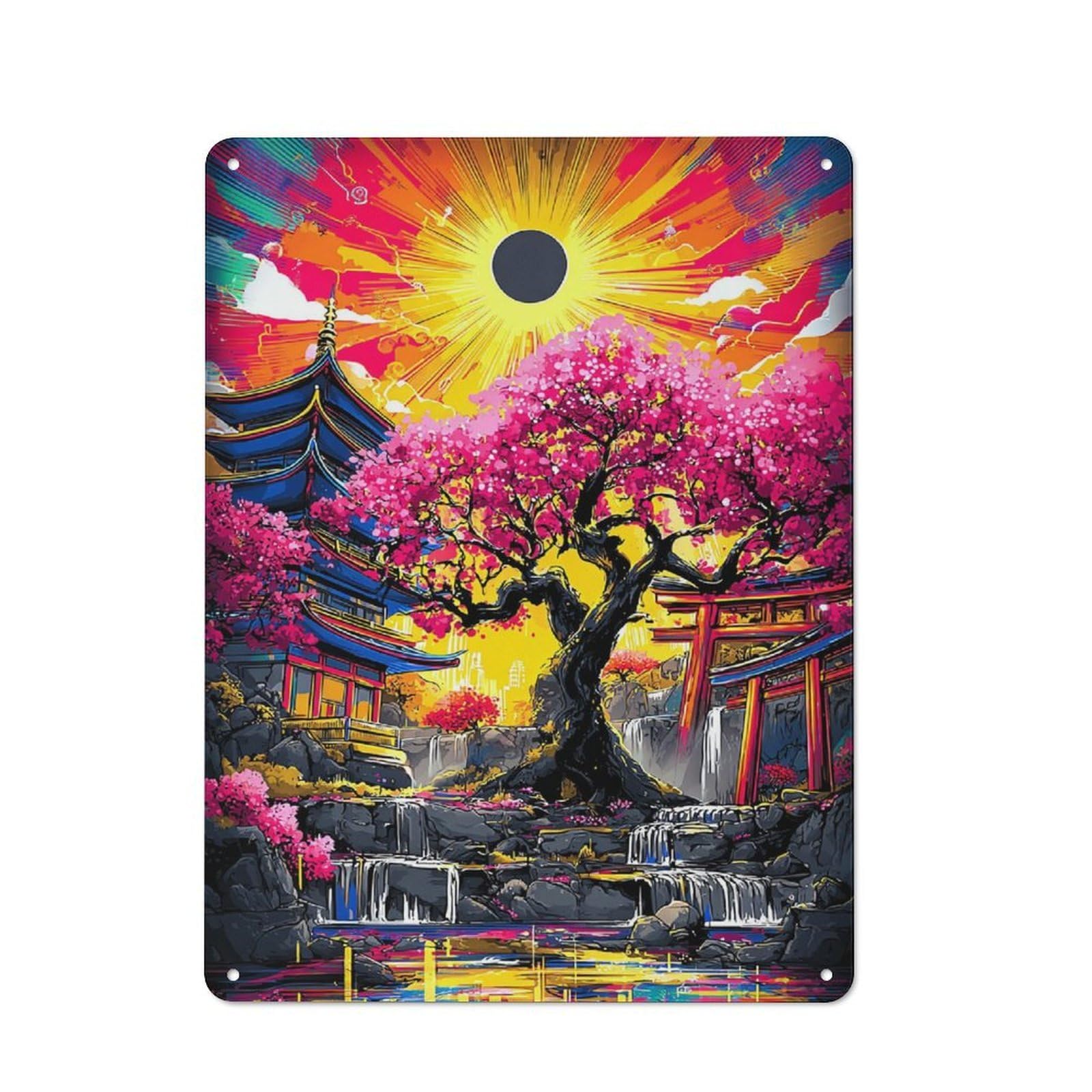 Junmoney Cherry Blossom Zen Garden -2 Metal Plaque With Design 40X30cm, Cosy Diner Style Decor For Coffee Bar, Kitchen, Bistro Or Tea Corner
