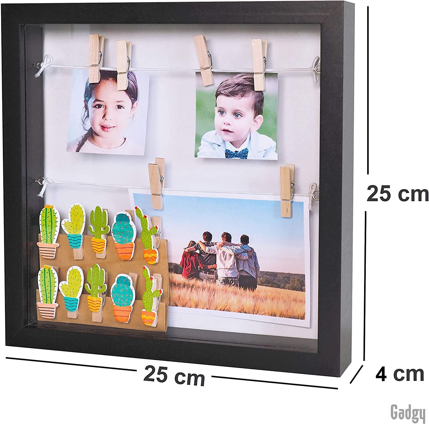 Gadgy® Ramka Pudełkowa 3D - Shadow Box z 18 Klipsami na Zdjęcia, Czarna Głęboka Ramka na Wspomnienia i Dekoracje - 25x25x4 cm
