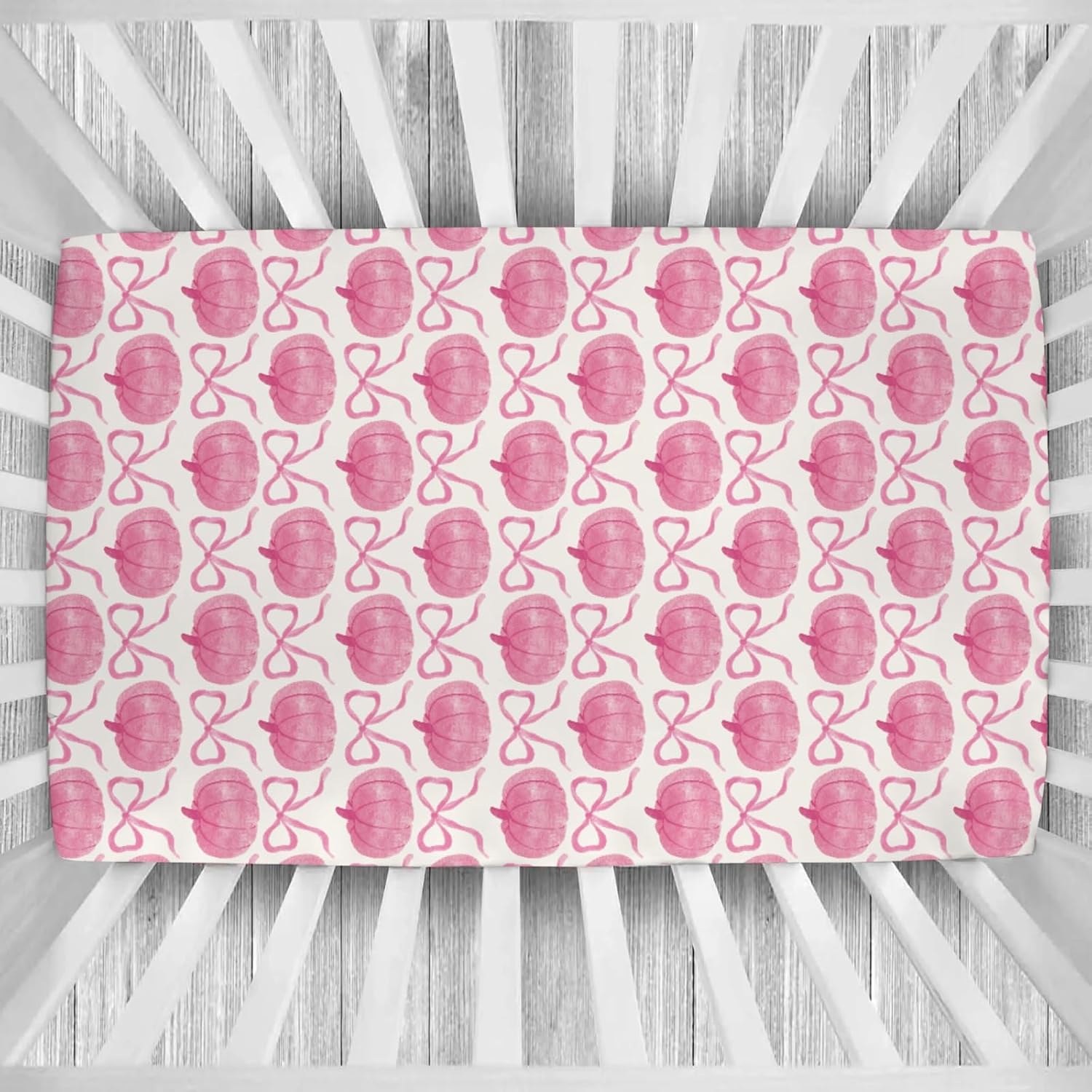 Fall Pumpkins Pink Bows Baby Crib Sheets Vintage Autumn Pumpkins Baby Sheet Thanksgiving Harvest Fitted Crib Mattress Cover for Standard Crib and Toddler Mattress 28"x52"
