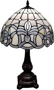 Tiffany Style Table Lamp Banker 19" Tall Stained Glass White Mahogany Elegant Floral Vintage Antique Light Decor Living Room Nightstand Bedroom Handmade Gift AM281TL12B Amora Lighting