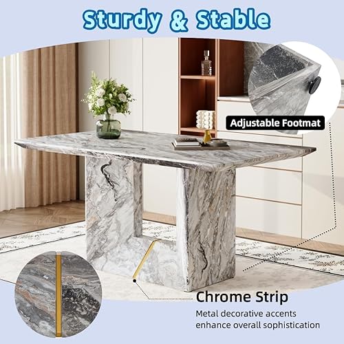 Miniatura 5 de Juego de mesa de comedor de mármol de 63 pulgadas para 6 personas, juego de mesa de comedor moderno para 6 con sillas, mesa de madera de mármol gris