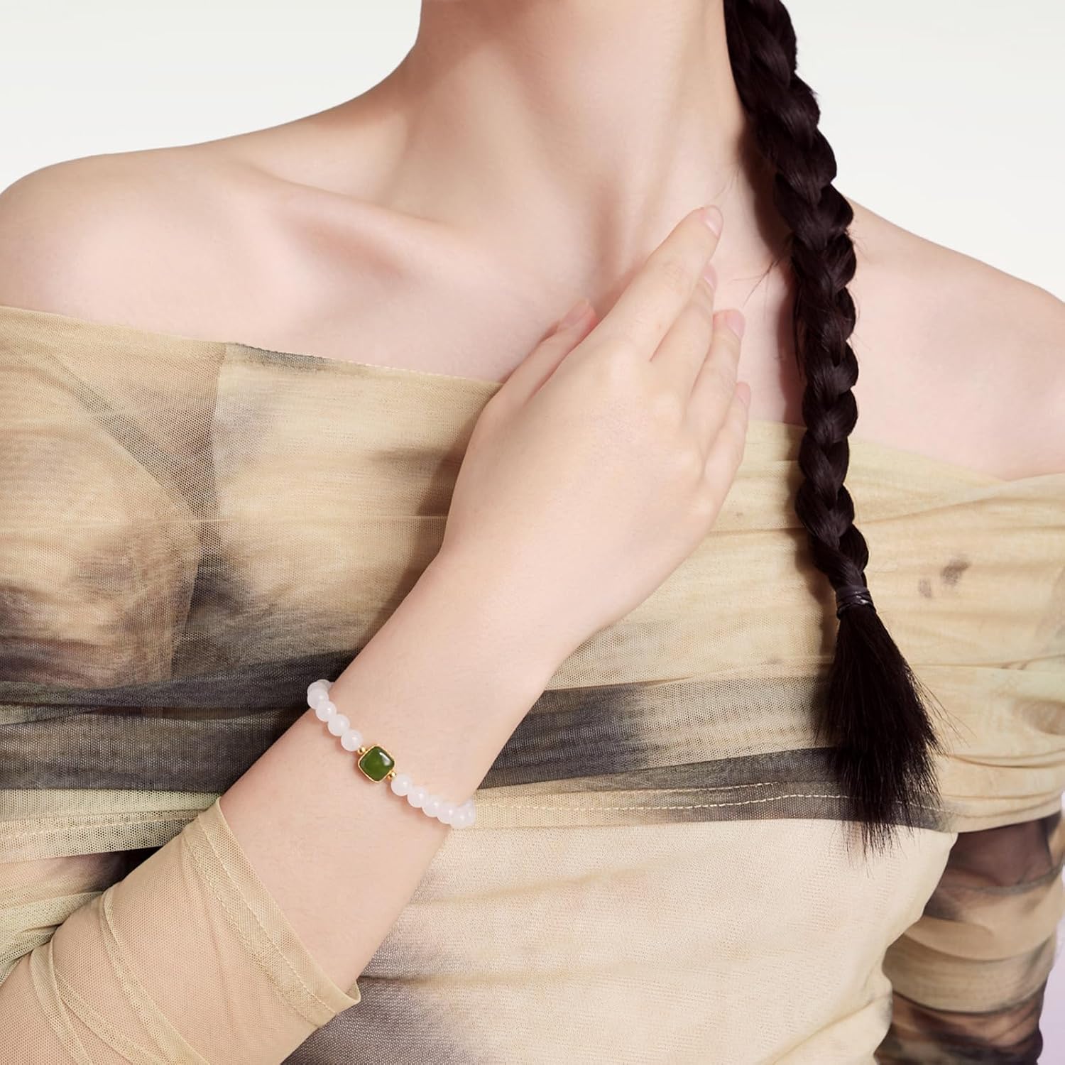 24K Solid Gold Bracelet for Women, Real Pure Gold Jewelry Green Jade Charm Gold White Jade Beaded Bracelet for Men Girlfriend (Square)