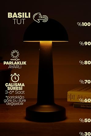 Şarjlı Mantar Masa Lambası Metal Dokunmatik 3 Işık Parlaklık Ayarlı Gece Masa Üstü Lamba (Siyah A4) [Enerji Sınıfı A]