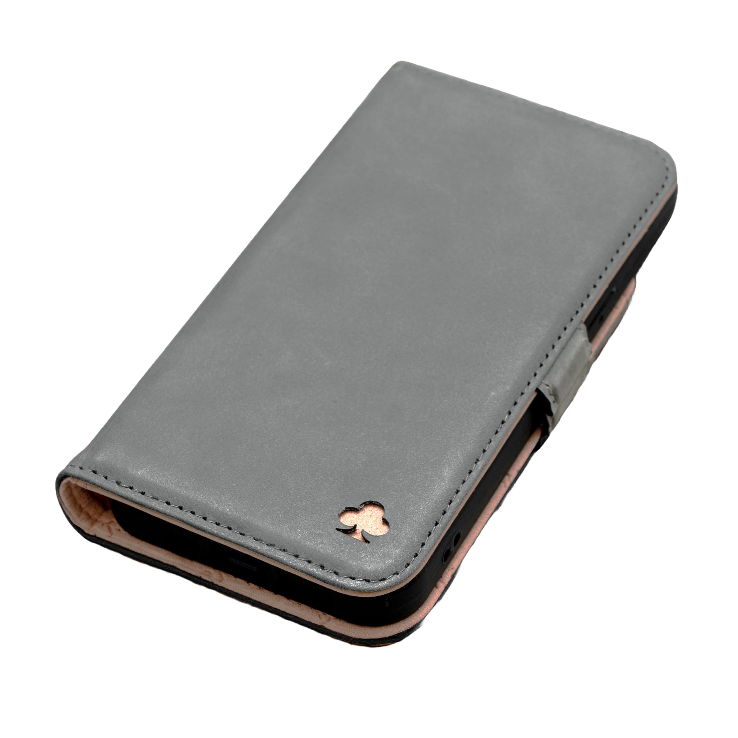 PORTER RILEY – Etui skórzane kompatybilne z iPhone'em 17. Etui/podstawka/portfel/etui składane premium z prawdziwej skóry z przegródkami na karty i poziomą podstawką (szary i różowy)