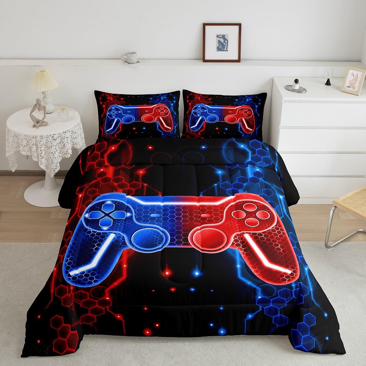 Feelyou Kids Gamer Comforter Set Game Controller Bedding Set Full Size for Boys Honeycomb Gaming Gifts Comforter Gamepad Pattern Red Blue Duvet Set with 2 Pillow Case