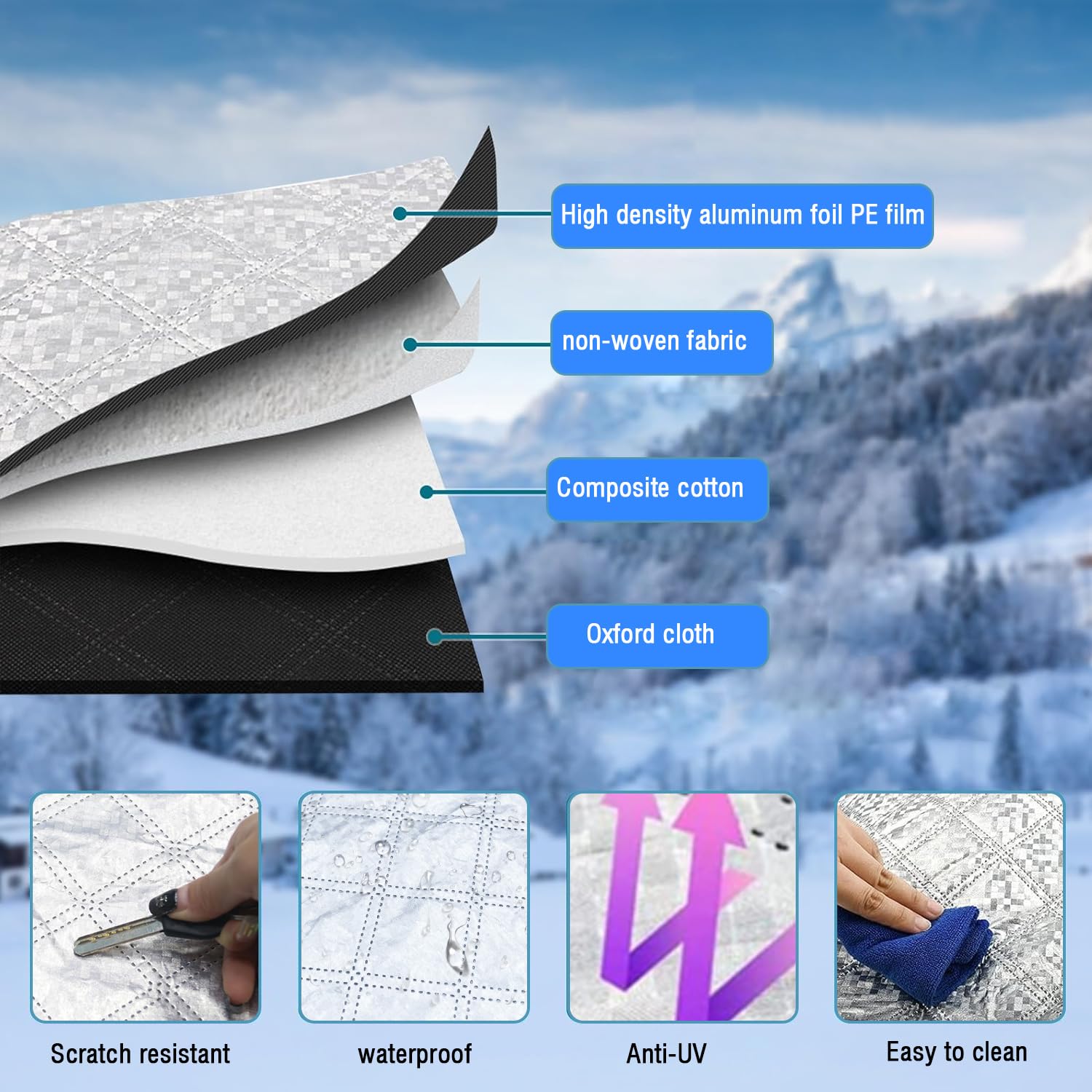 Kensbro Protection Pare Brise Voiture Hiver, Couverture Pare Brise Voiture Hiver, 255x235cm, Repliable Voiture Couverture, Universelle pour Voiture Anti Givre, Neige, Pluie et Soleil UV