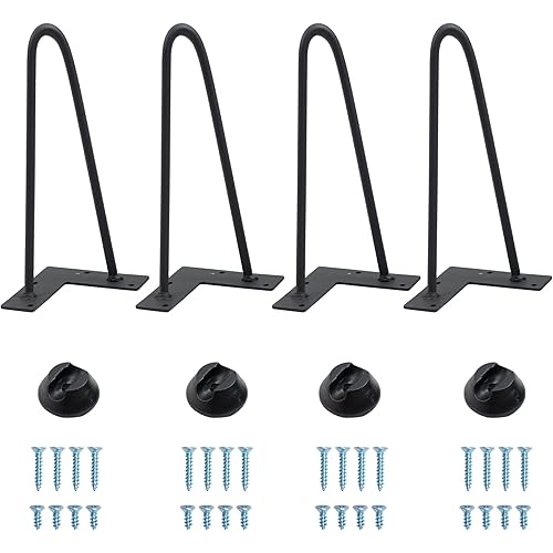12" Hairpin Furniture Legs 4PCS, Solid Steel 2 Rod Table Legs with 2 Sizes Screws and 4 PCS Floor Protectors for Nightstand, Cabinet, Bench Chair, Coffee Table, Desk, etc, Hair Pin Legs 12 Inch Black