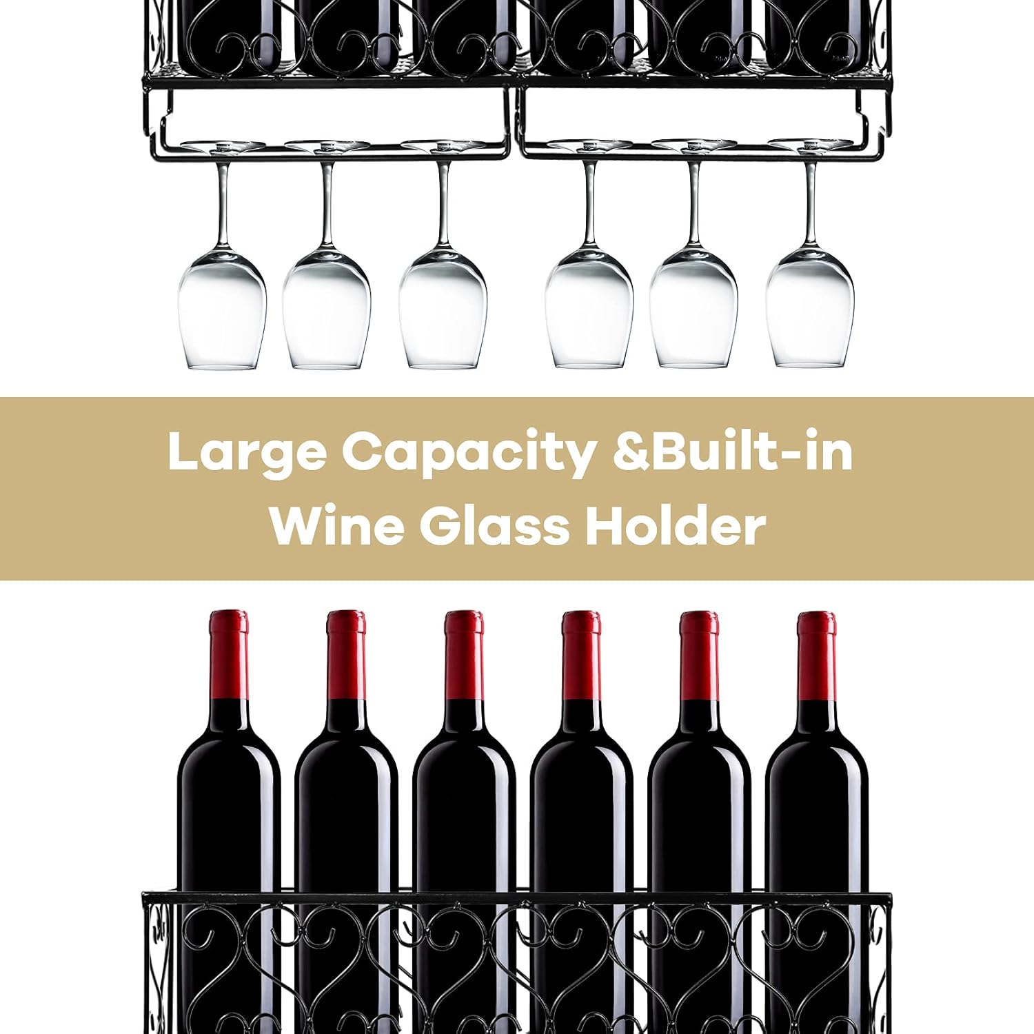 Giantex Wall Mounted Wine Rack Metal Wine Bottle Shelf w/Glass Holder Home, Kitchen & Bar Decorative Storage Display Shelf, Black