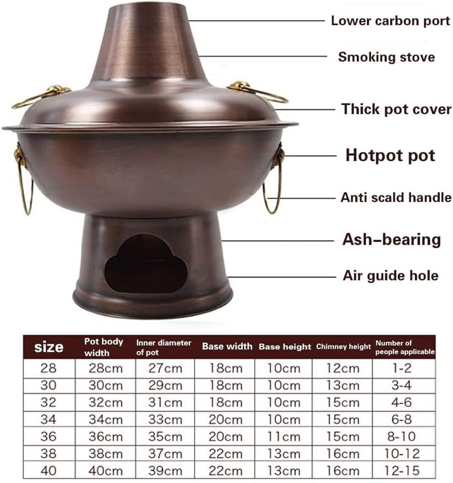 INUUXLG Chinese Hot Pot Copper Hot Pot Old Style Full Copper Hot Pot Heating Suitable for Family Dinner Camping Cookware Hot Pot (Brass-38cm (Brass 34cm)