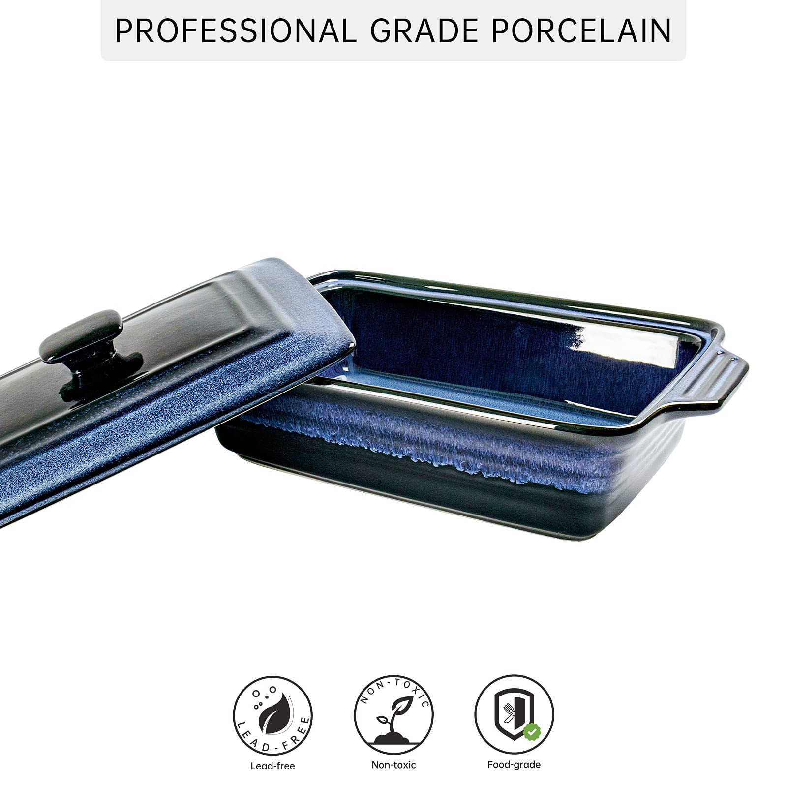 UNICASA Plat à Rôtir Céramique avec Couvercle, Cocotte Rectangulaire Bleu 3000 ML, Moule Passe au Four à Micro-Ondes - Glaçure Réactive, Bleu - 3 L