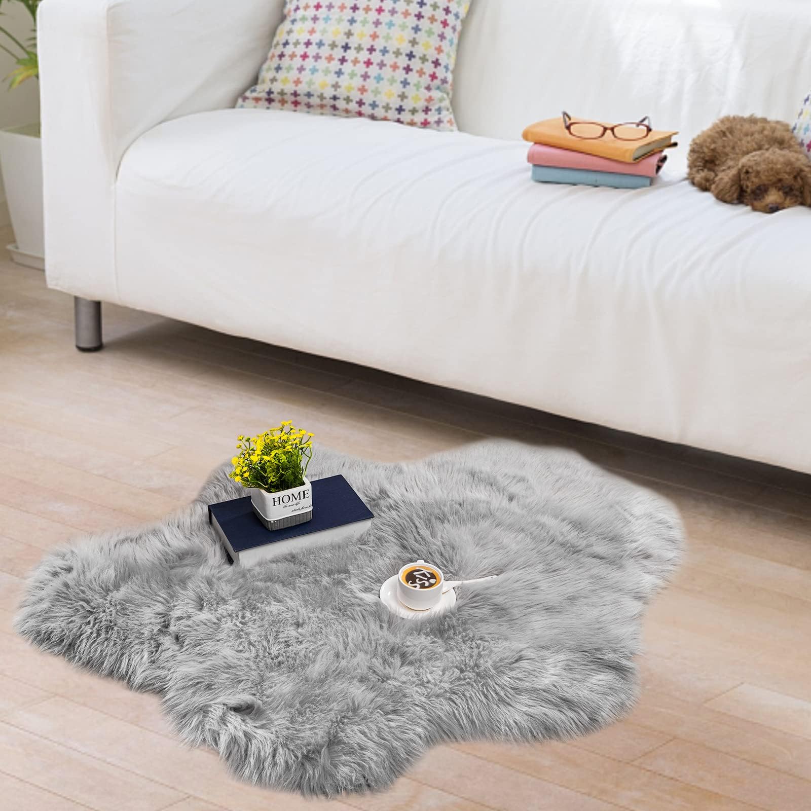 Faux Sheepskin Fur Rug,Grey Soft Fluffy Shaggy Area Rug Ultra Soft 2 x 2.6 Feet Sheepskin Fur Rug for Bedroom Sofa Living Room Floor Kids Room
