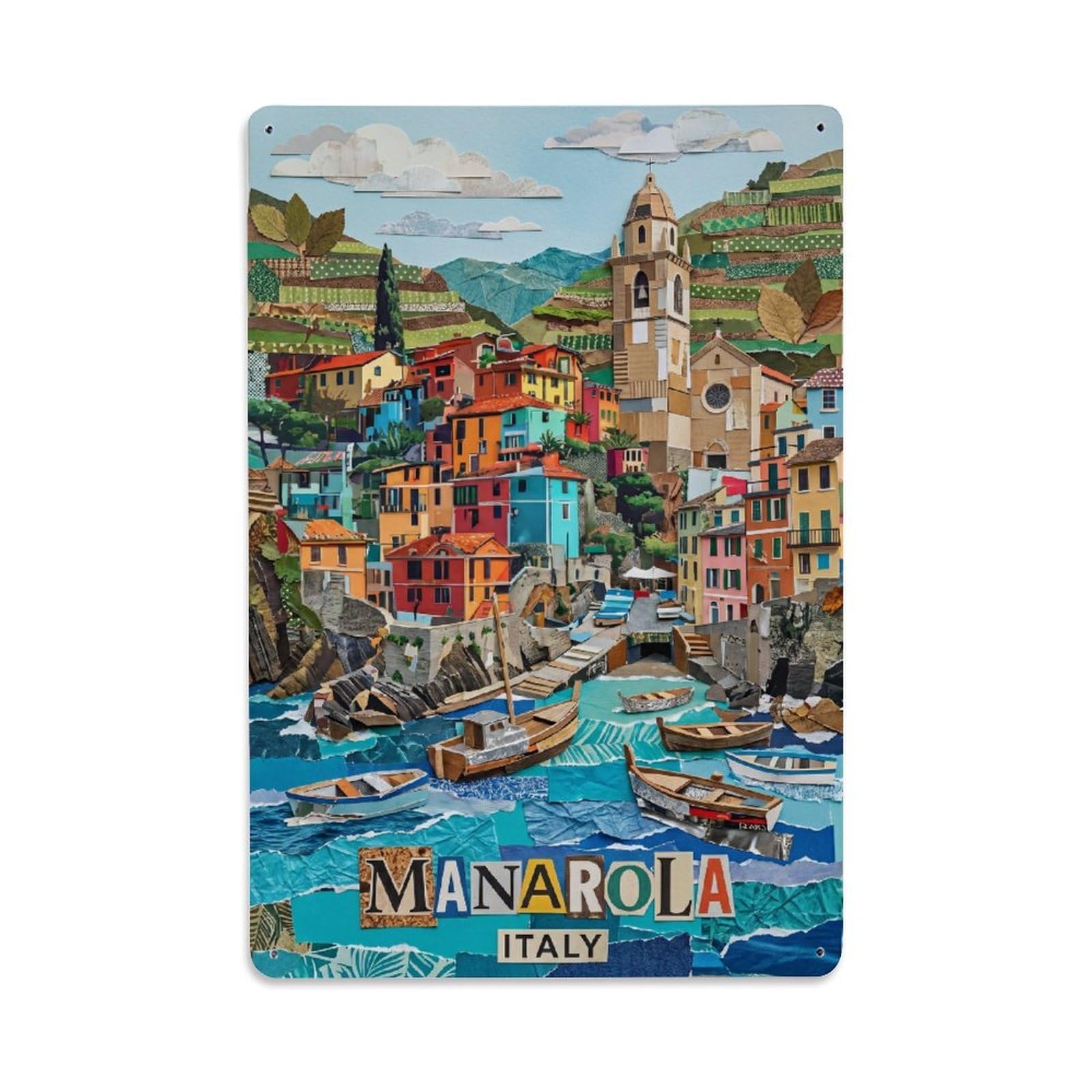 Huiyhb 8X12inch(20X30cm) Vintage Travel Manarola Italy Collage Metal Tin Sign