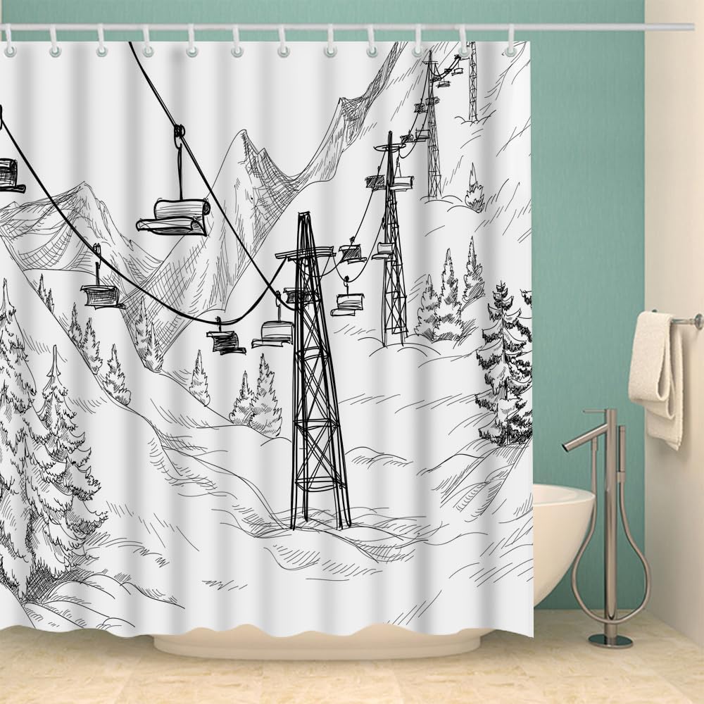 Mountain Ski Lift Shower Curtain Sketch White Wintertime Snow Landscape Resort Shower Curtain with Hooks Bathroom Decorative Accessories 72 x 72 inch