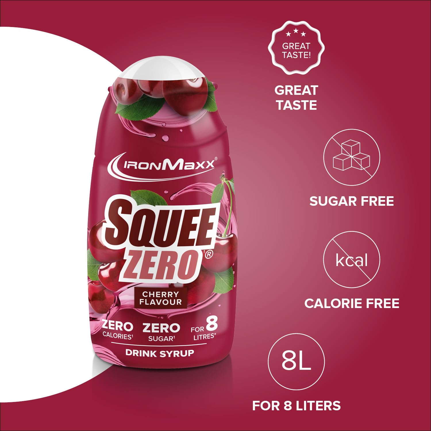 IronMaxx SqueeZero Sirope Concentrado Sin Azúcar Sin Calorías Cereza 65 ml Hasta 8 Litros de Bebida