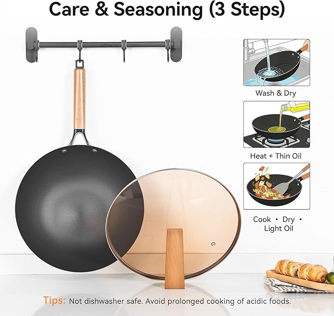 Wok de acero al carbono 12.6" con tapa, fondo plano, para inducción y gas miniatura 7