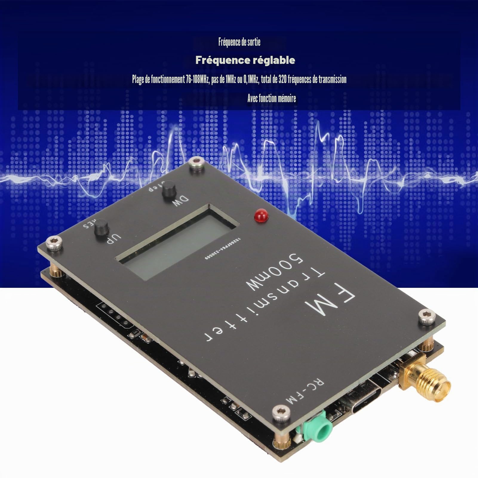Émetteur FM, émetteur Stéréo 1 MHz Pas 500 MW avec écran LCD, Portée 2000 M, Fréquence Réglable, Alimentation USB de Type C pour Radio FM