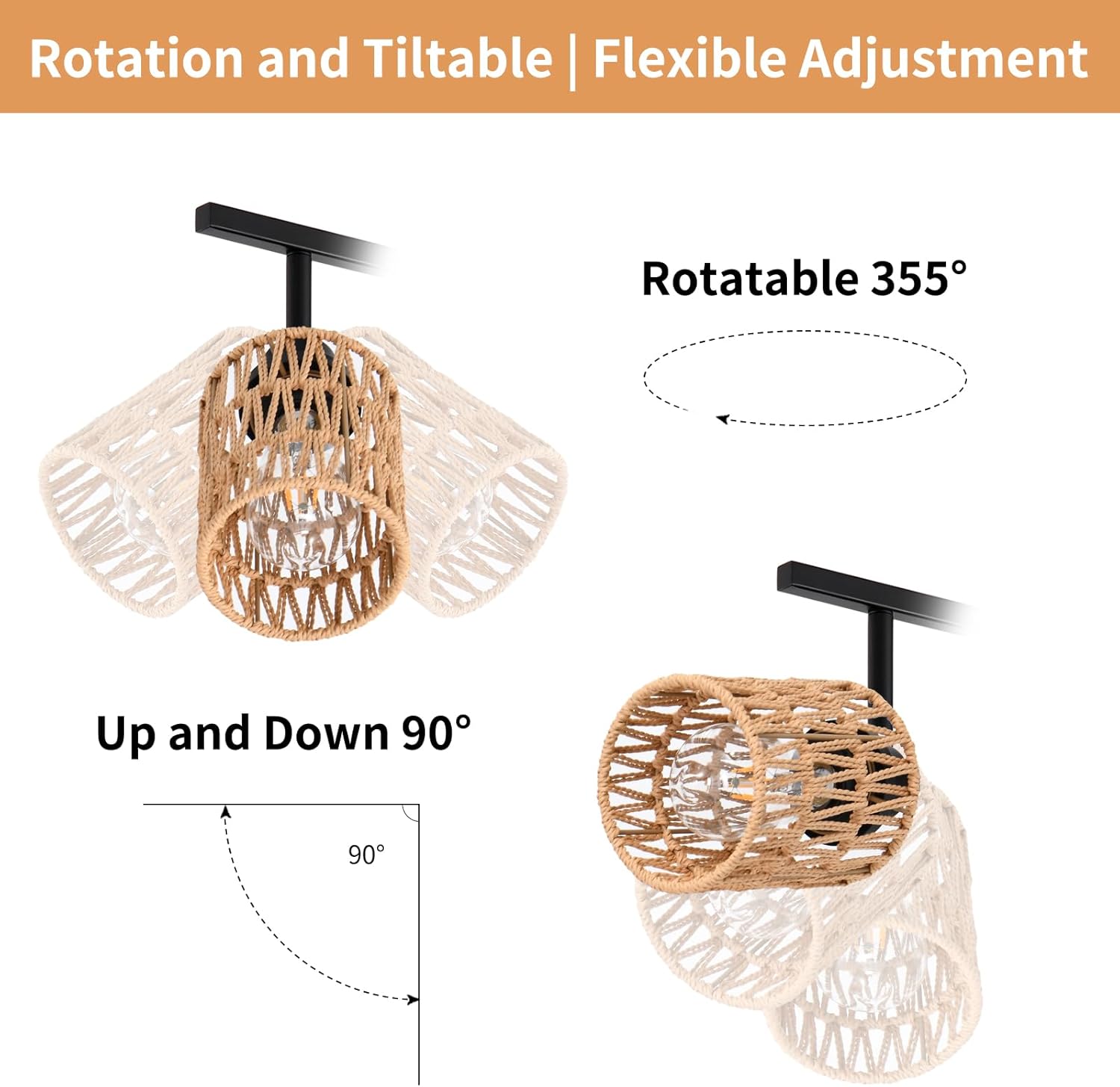 5-Light Track Lighting Fixtures Ceiling E26 Rattan Farmhouse Boho Ceiling Track Lighting Directional Rotatable Modern Track Ceiling Light Fixtures for Kitchen Bedroom Living Room Hallway Foyer