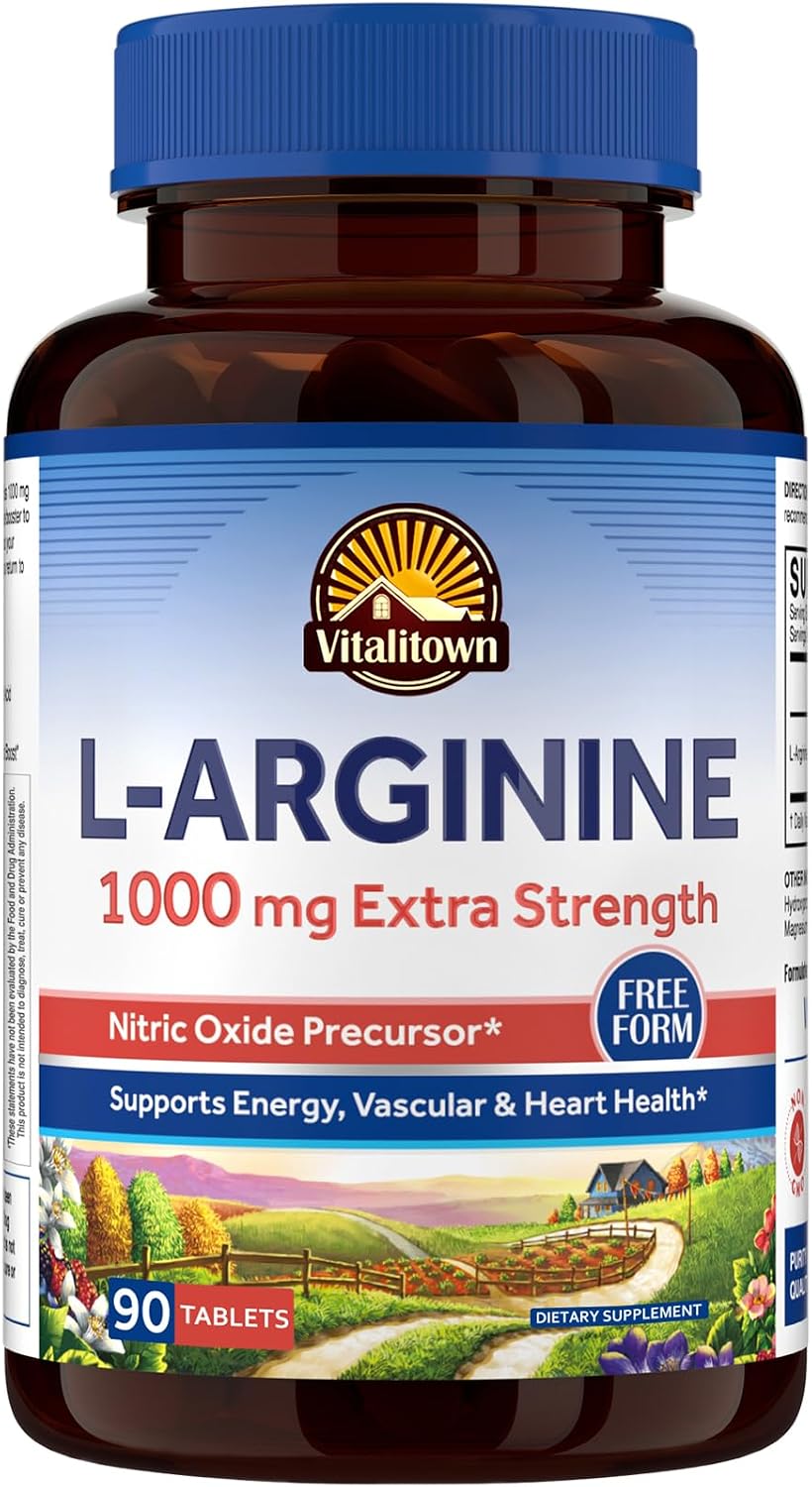 Vitalitown L-Arginine for Men & Women, 1000 mg, Nitric Oxide Booster Supplements, No Gluten, Non-GMO, Endurance, Workout, Blood Flow Support, 90 Tablets