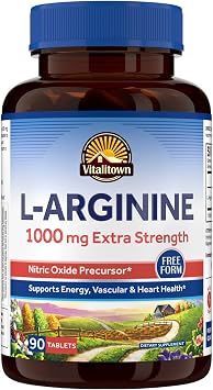 Vitalitown L-Arginine for Men & Women, 1000 mg, Nitric Oxide Booster Supplements, No Gluten, Non-GMO, Endurance, Workout, Blood Flow Support, 90 Tablets