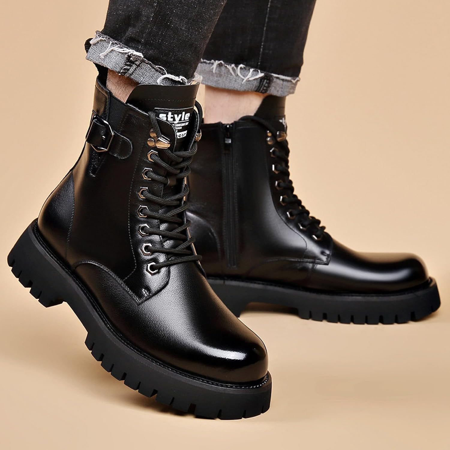 Men's Chunky Platform Motorcycle Combat Boots with Lace-Up Fashion Leather Side Zipper Non-Slip Lug Sole Comfortable Chukka Ankle Booties Waterproof High-Top Biker Boots