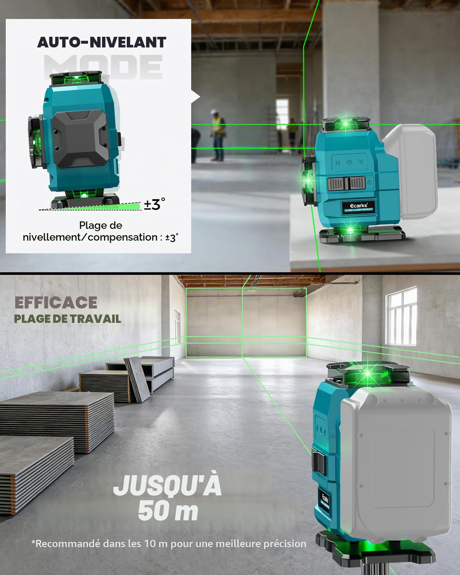 Ecarke 4D Laser à Lignes Croisées Vert, 16 Lignes, 4x360° avec Trépied, Compatible avec Batterie Ma-kita 18V, Laser Auto-Nivellant pour La Construction, Les Carreaux (Outils Uniquement)