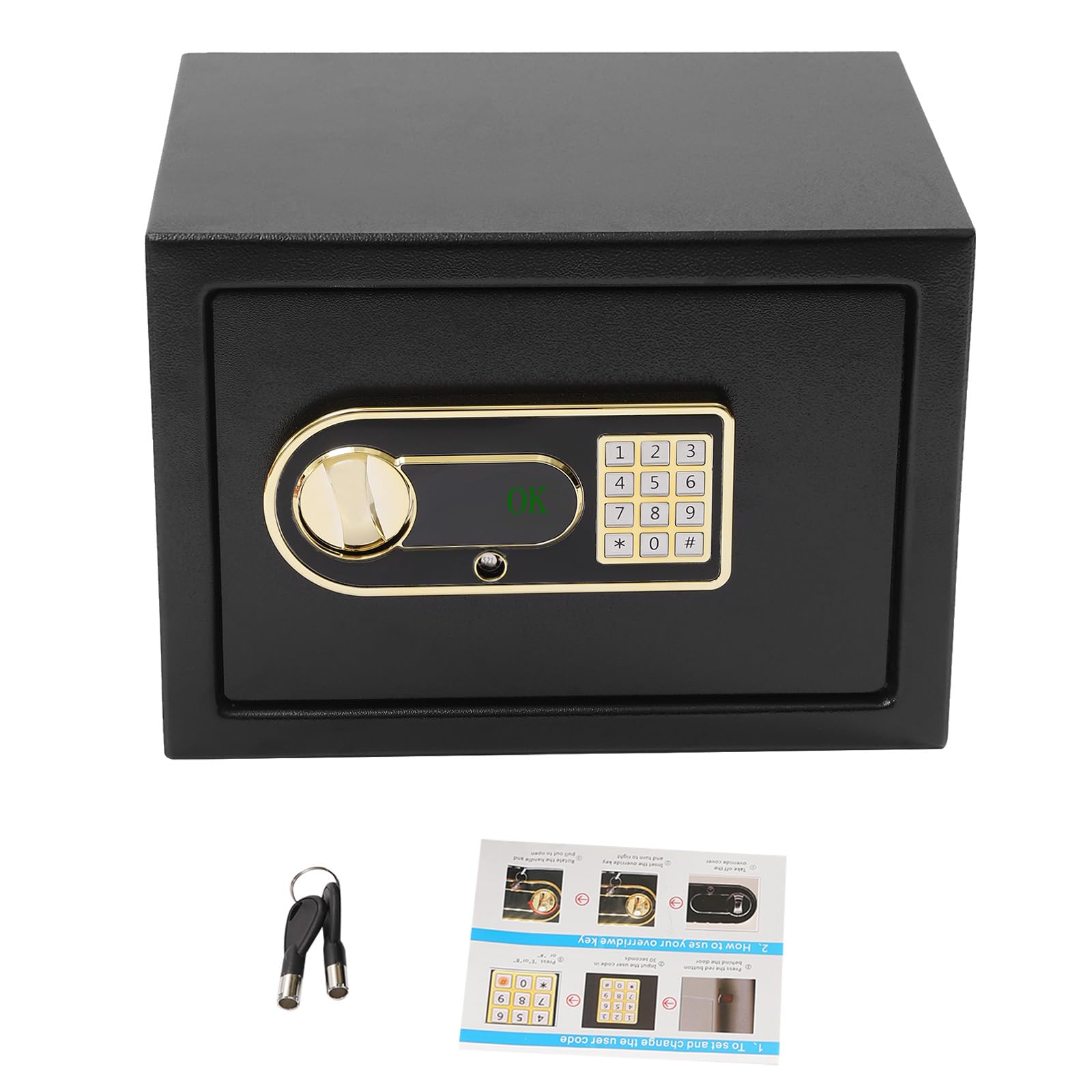 Coffre-fort de 22 l - Ignifuge - Étanche - Avec compartiment d'argent - Grand coffre-fort avec armoire intérieure - Pour armoires, études, caisses enregistreuses, bureaux, noir et doré