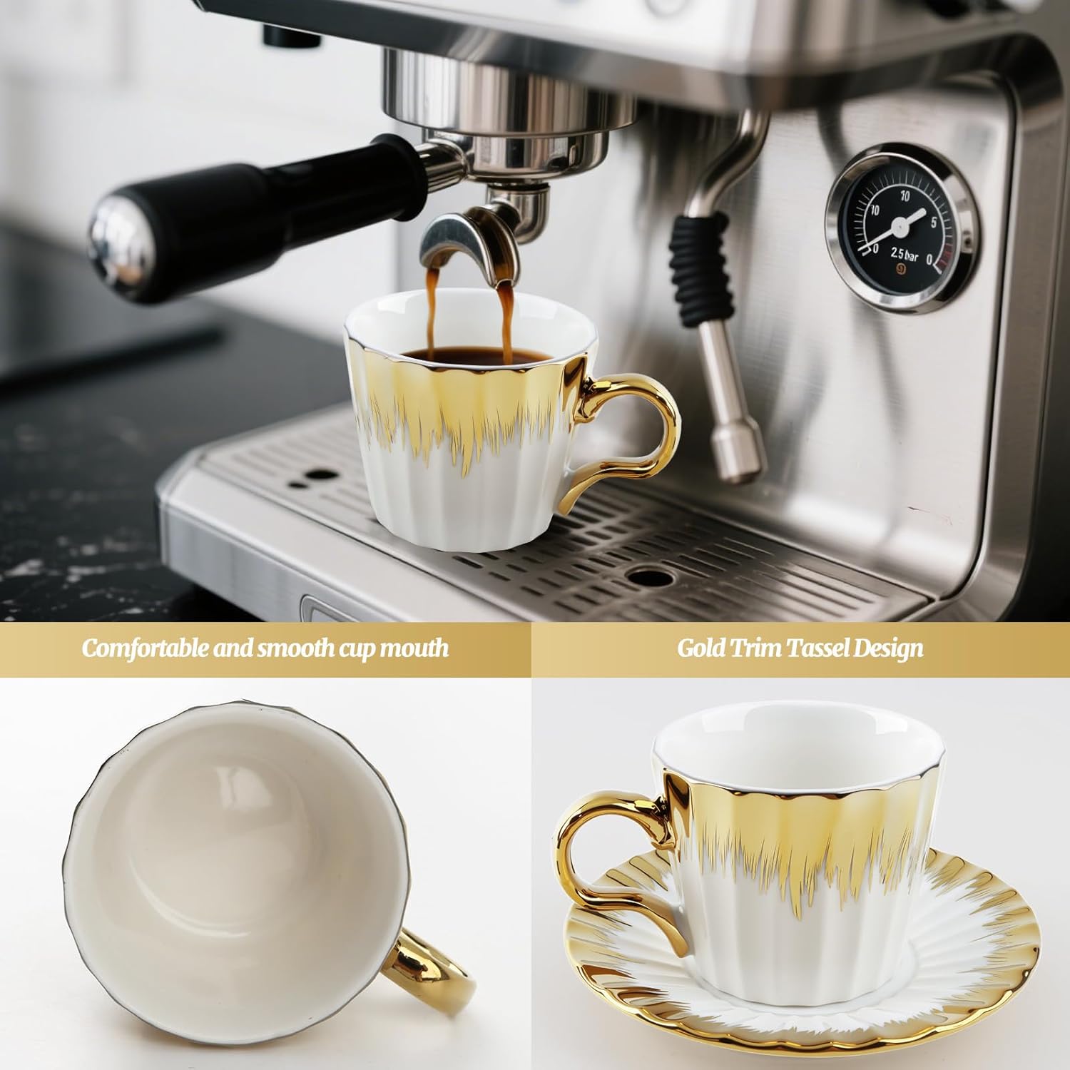 Coffee Cup Set of 6 with Saucers, 3.5 OZ Ceramic Espresso Cups, Deco Golden Turkish Coffee Cup Gift for Cappuccino, Latte, Cafe Mocha and Tea, Dishwasher & Microwave Safe (Gold Trim)