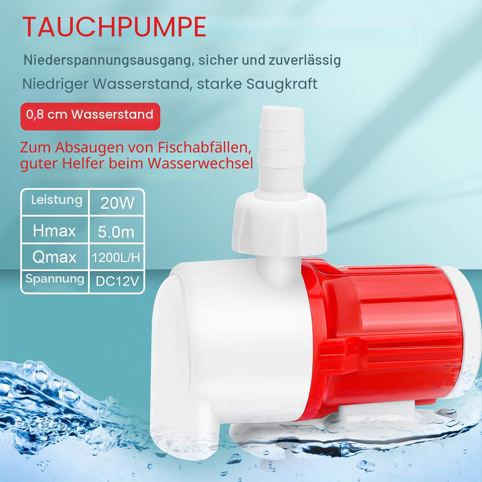Portable Tauchpumpe 12V 20W 1200L/H High Flow Tragbare Aquarium Wasserpumpe Frequenzumwandlung bürstenlose DC-Pumpe Amphibische Pumpe