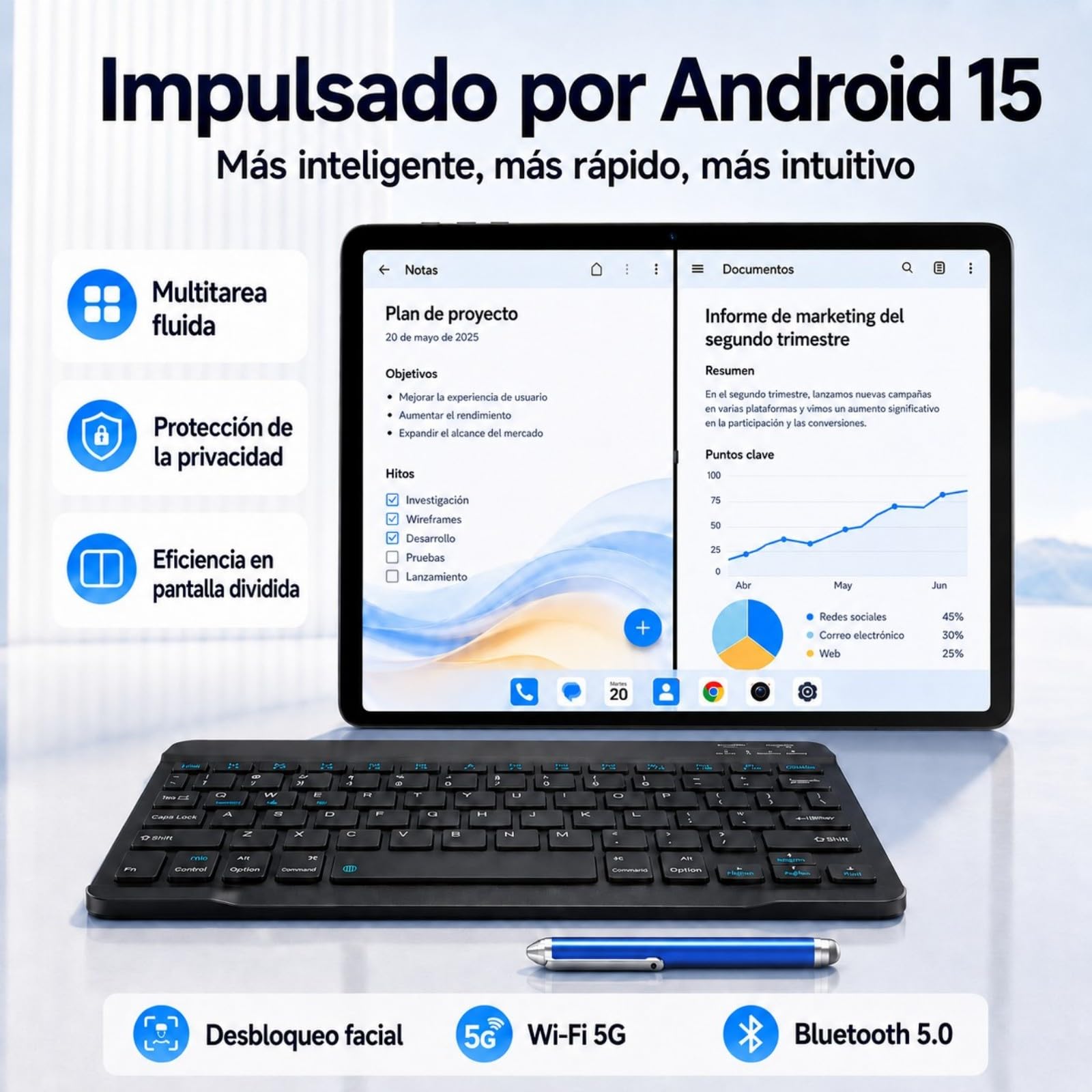 BESTTAB Android Tableta con Teclado - 24 GB RAM + 256 GB ROM(2TB TF) | Tablet 10 Pulgadas con Lápiz, Ratón y Funda, T606 Ocho Núcleos, Widevine L1, WiFi 5G, Batería 5000 mAh
