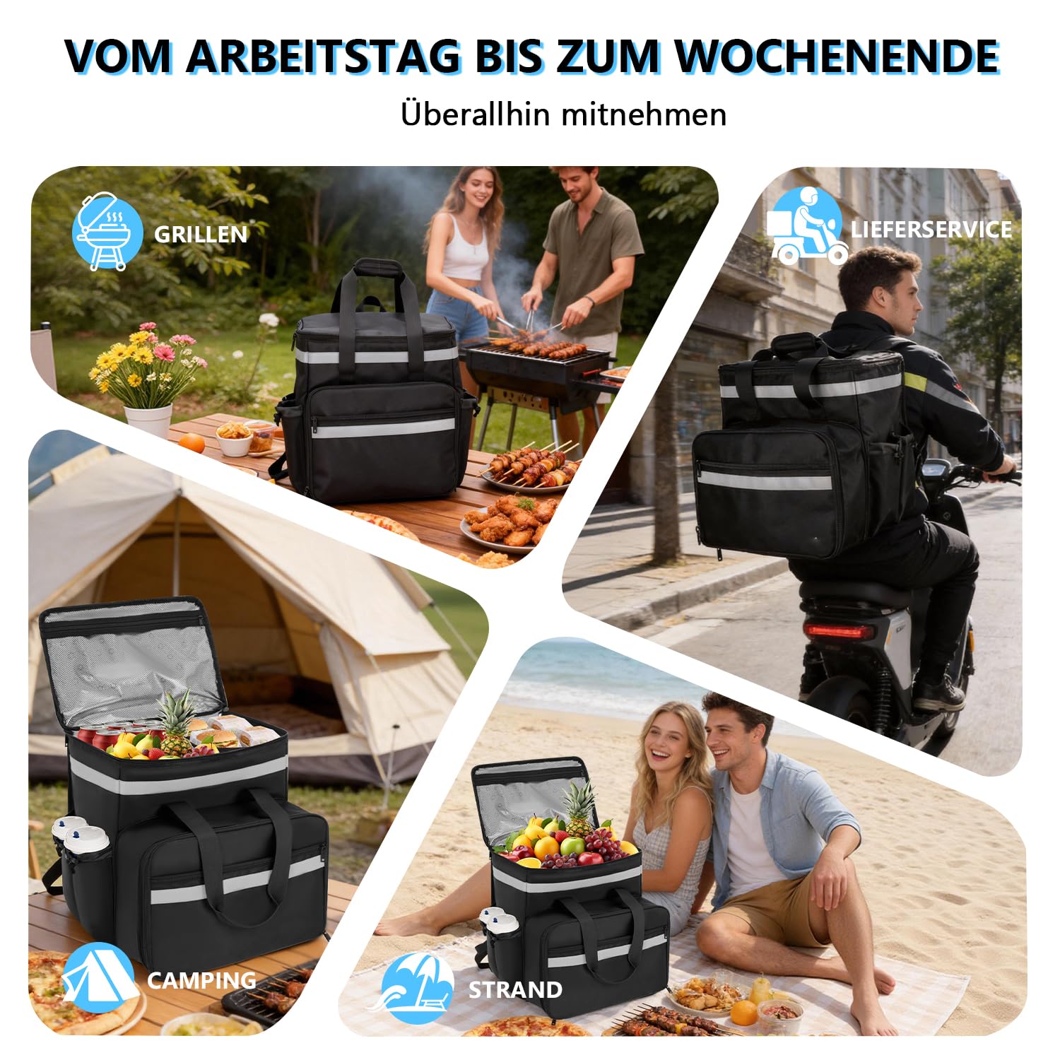 Borsa per la consegna del cibo, zaino espandibile con 4 portabevande, grande borsa termica per pizza e cibi caldi/freddi, zaino riflettente per Uber Eats, DoorDash, Grubhub, nero
