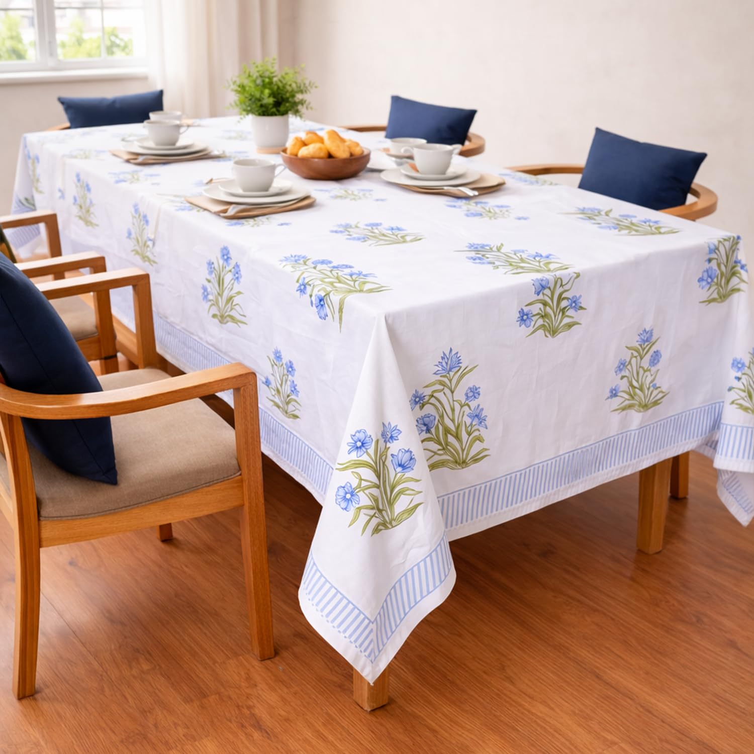 Nappe rectangulaire bleu 182x342 fleurie en coton mélangé pour table à manger