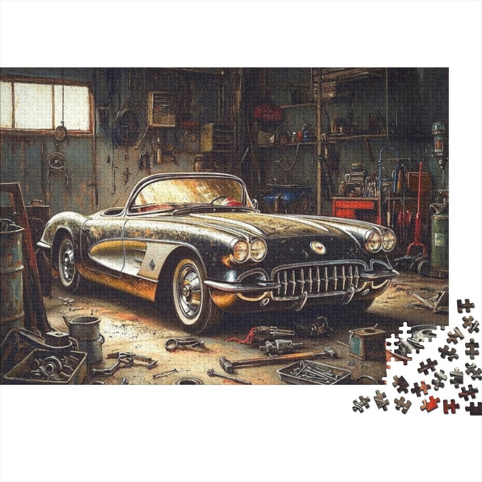 Classic Car Garage Scene 1000 Piece Puzzles Beautiful View Retro Car in Workshop Home Decoration Educational Game Gifts Puzzles for Adults Jigsaw Puzzles for Adults 52x38cm/1000pcs