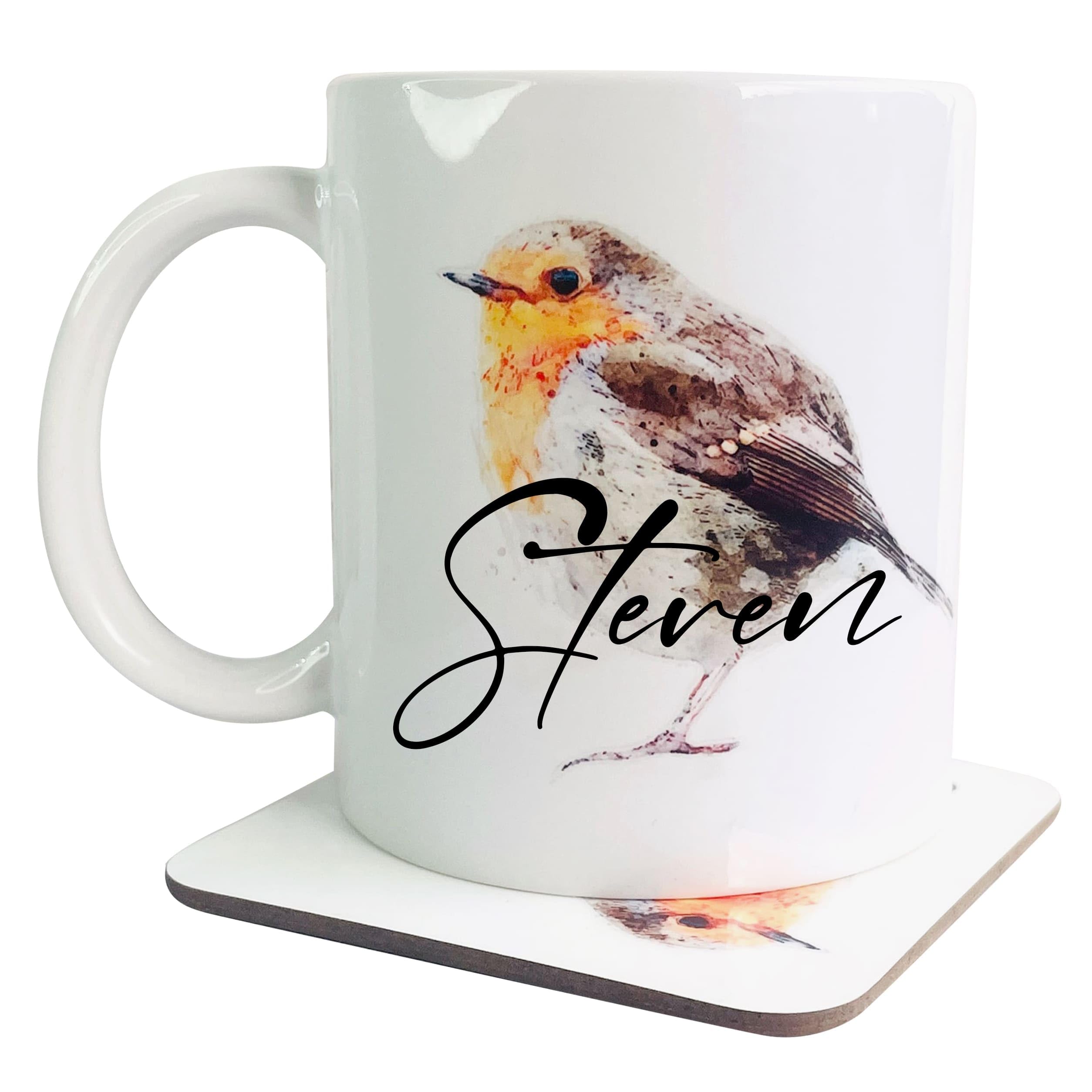 Personalised Robin Mug & Coaster Gift Set, 11 Oz Ceramic Coffee Cup and Wood Drinks Mat, for Nature, Garden & Bird Lovers