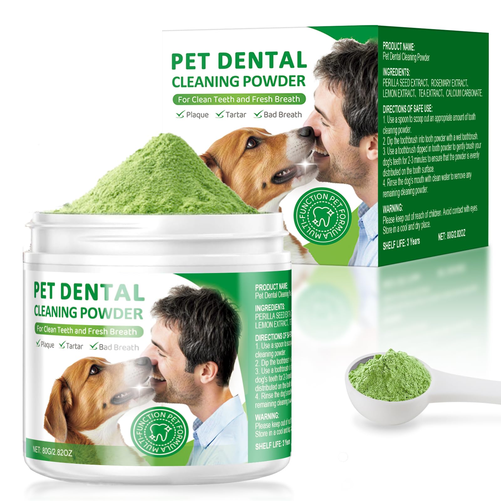 Dog Dental Powder,Dog Teeth Cleaning Powder,Dog Dental Cat Dental Care,Cat and Dog Teeth Cleaning,Canine Plaque Remover Helps Reduce Bad Breath,Improve Pet's Oral Cavity and Freshen Breath（80G）