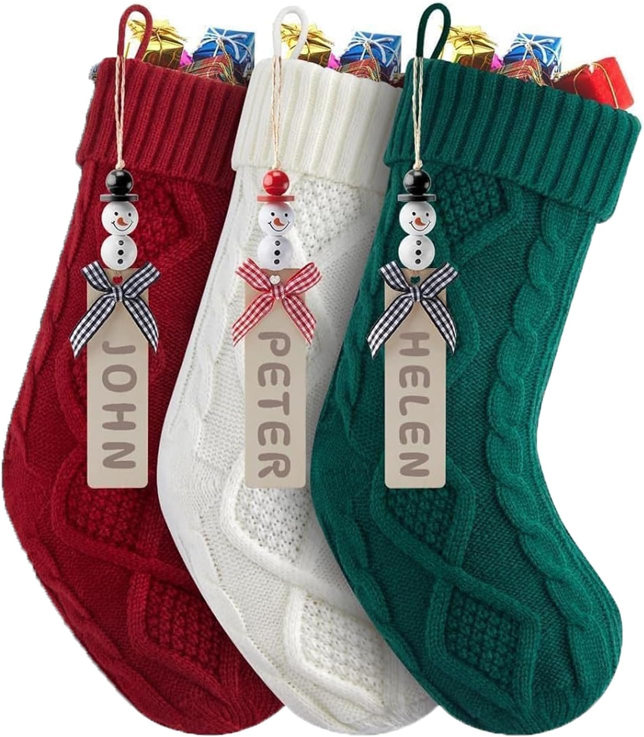 Personalized Christmas Stockings, 18" Stranded Knit Hanging Stockings + Black & Red Snowman Name Tag, Use with Family Holiday Parties, Mantle Decorations (6 Pack, Burgundy, Green, Cream)