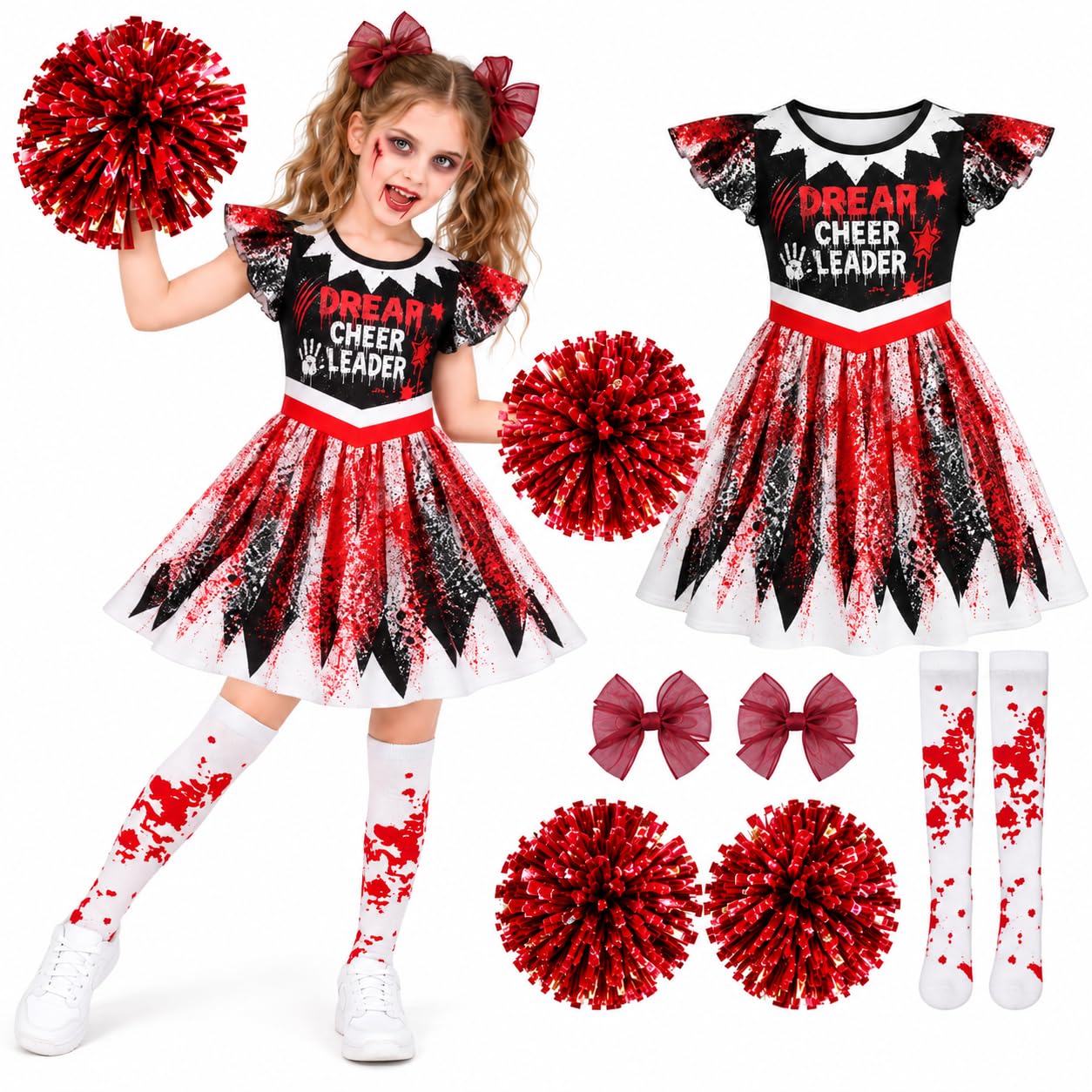 Zombie Cheerleader Halloween Costume for Kids Ages 18M-12Y,Zombie Fancy Dress Outfit for Girls with Pom Poms Tights Red High School Cheerleader Costume and Hair Clips Easy Halloween Kids Dress Up Pack