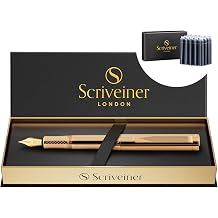 Scriveiner Gold Luxury Fountain Pen Fine - Award Winning - Heavy Pocket Pen, Real Gold Plating, Bundle with Fountain Pen Ink Cartridges - Blue - 20 Standard International Made in UK