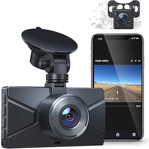 Cámara de tablero inalámbrica delantera y trasera - Surfola Dual Cámara para coches Full HD 1080P con IPS de 3 pulgadas, cámara de respaldo gran