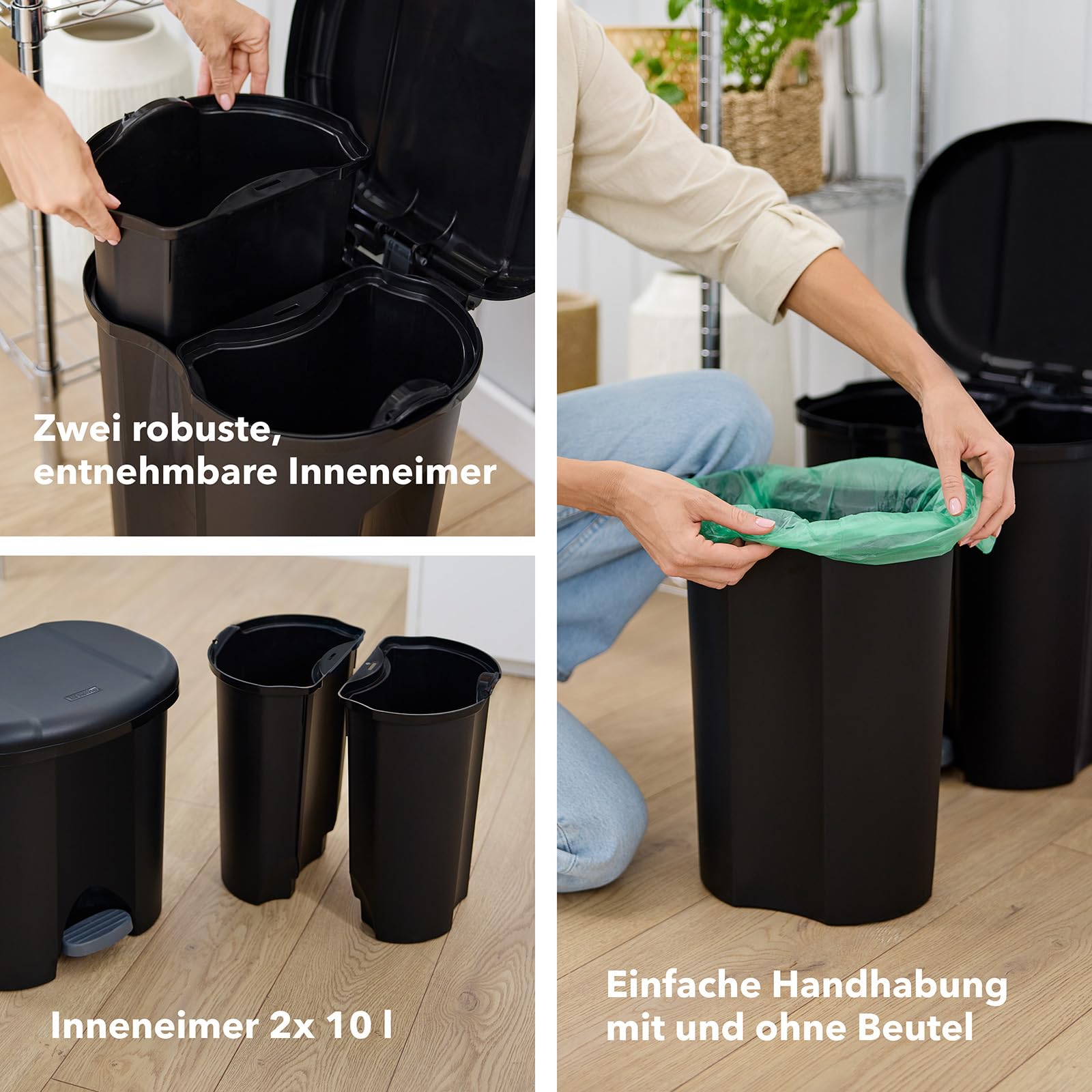 Rotho Duo Portarifiuti per la Raccolta Differenziata con Coperchio e Pedale, Plastica (PP) senza BPA, Nero, 2 x 10 L, 39.0 x 32.0 x 40.5 cm