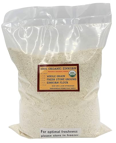 Harina orgánica integral Einkorn, molida a la piedra y cultivada en los Estados Unidos, de la marca Heritage Grains of Shenandoah, ideal para