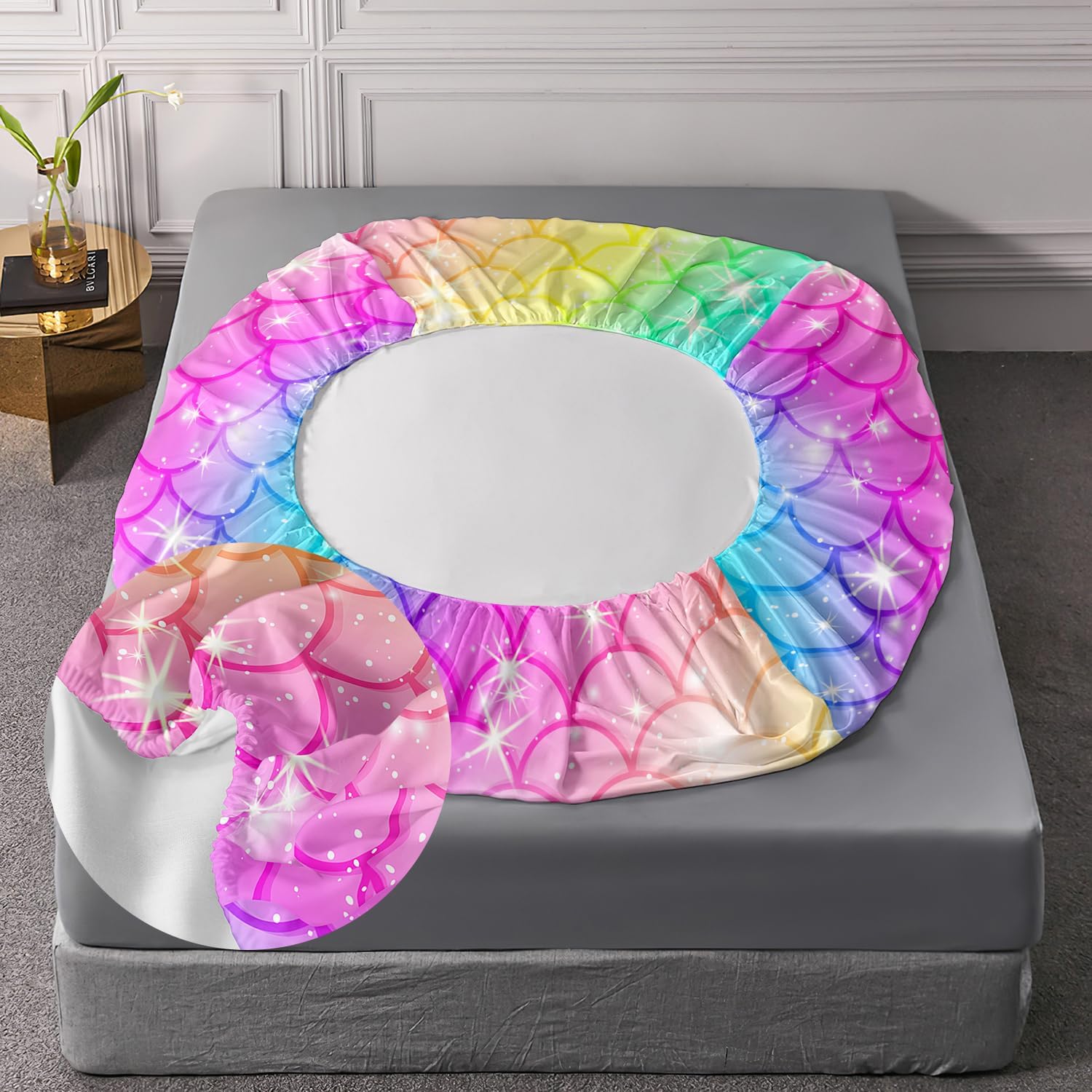 AILONEN Mermaid Scale Fitted Sheet Set Twin XL Size,Rainbow Mermaid Scale Sheet Set for Kids Boys Girls,1 Fitted Sheet and 2 Pillowcases,3 Pieces Bed Sheet Set