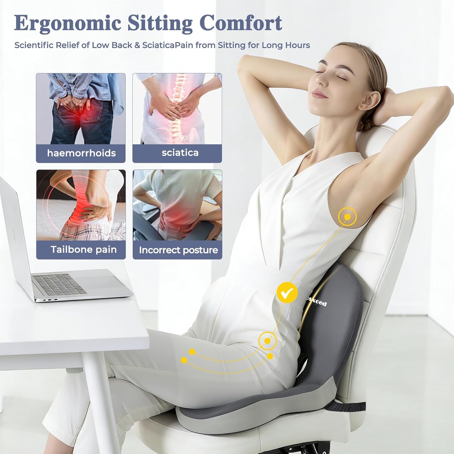 Mosxoed Memory Foam Seat Cushion for Sciatica & Back Pain Relief - Ergonomic Chair Pad with Adjustable Strap & Supportive Comfort Cover, Non-Slip for Car, Truck, Office Chair - Dark Gray&Light Gray Dark Gray+light Gray